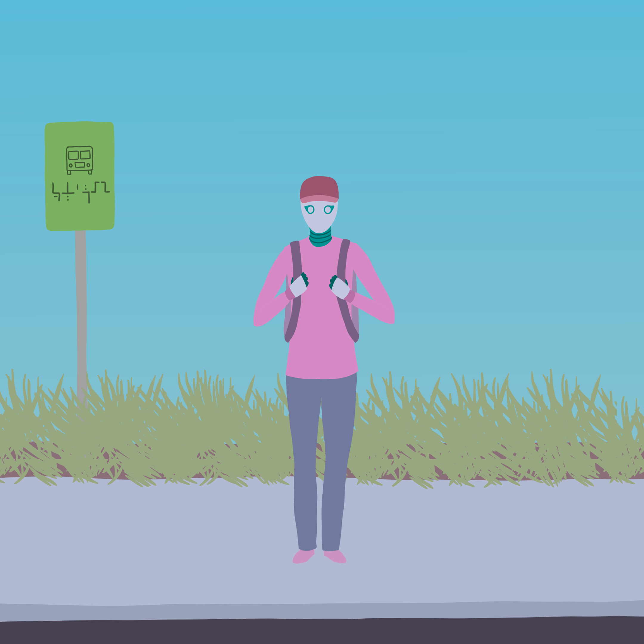 A robot named Rova standing at a bus stop waiting for the bus to come.