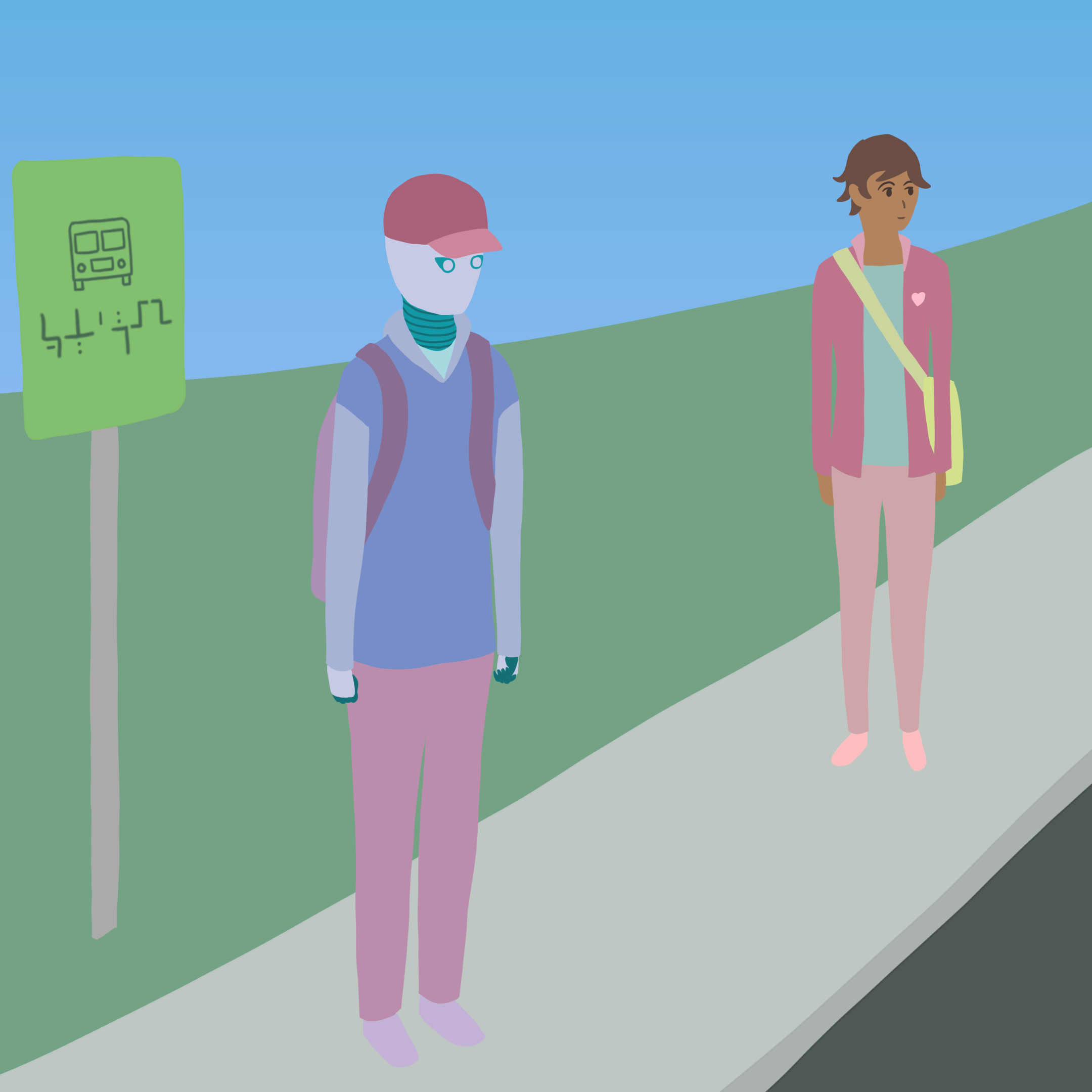 A robot named Rova standing at the bus stop with a human named Evi standing nearby.