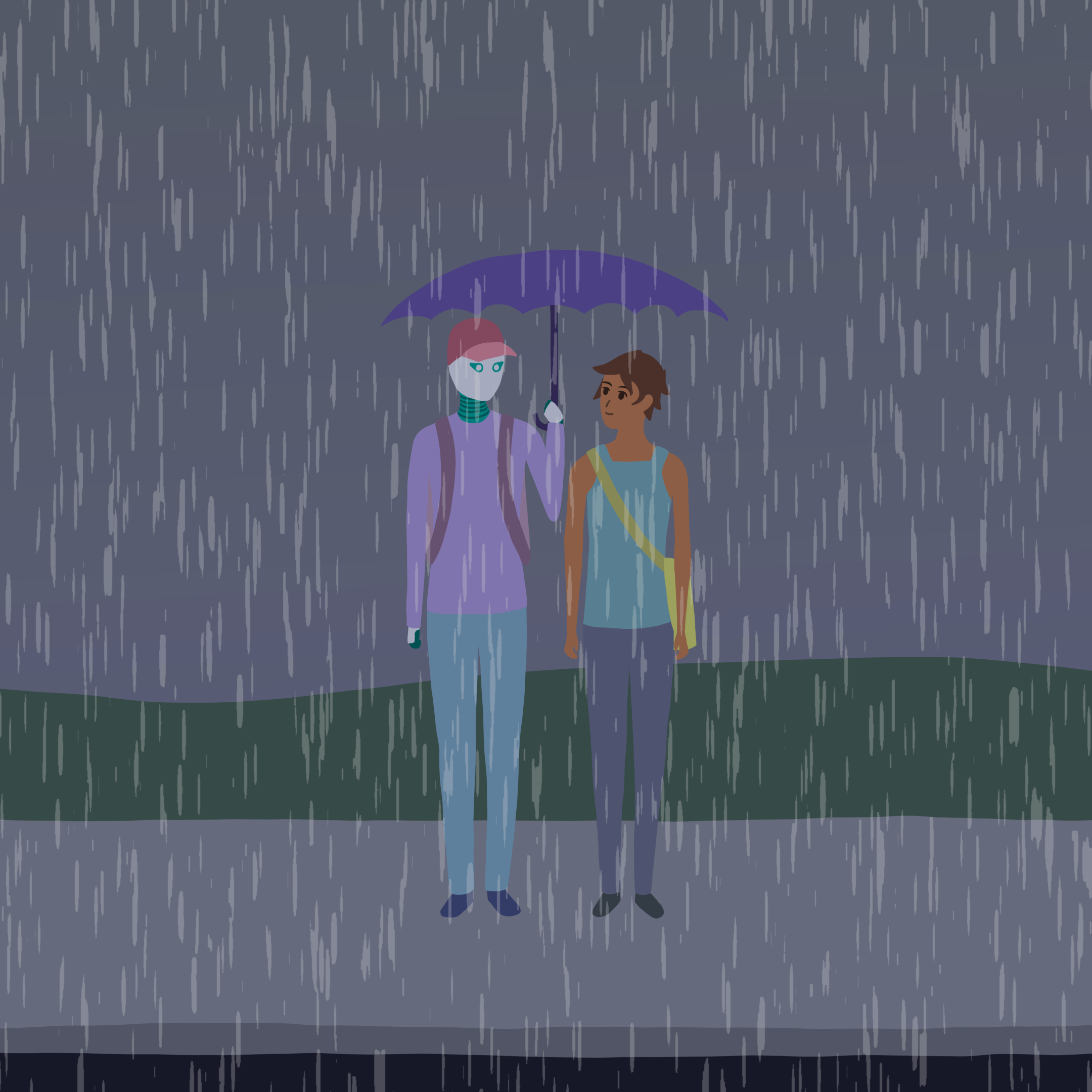 A robot named Rova and a human named Evi standing in the rain together while sharing an umbrella.