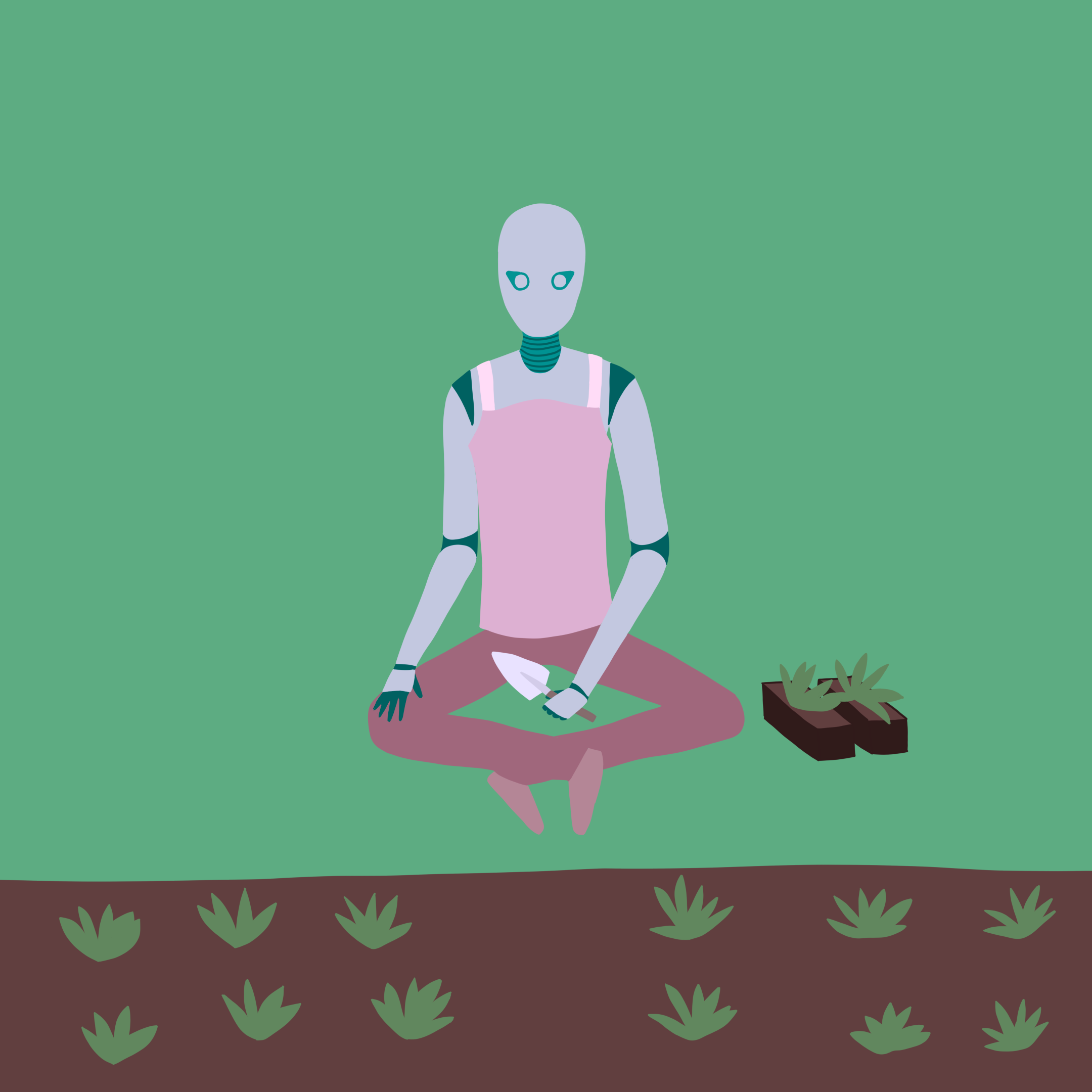 A robot named Rova sitting outside on the grass while planting some plants in a section of dirt.