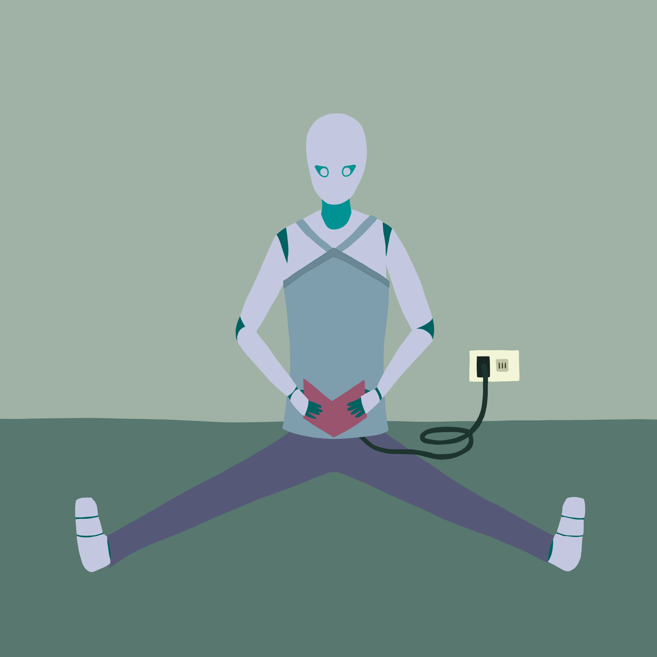 A robot named Rova sitting on the floor reading a book while being plugged into the wall so they can recharge their batteries.