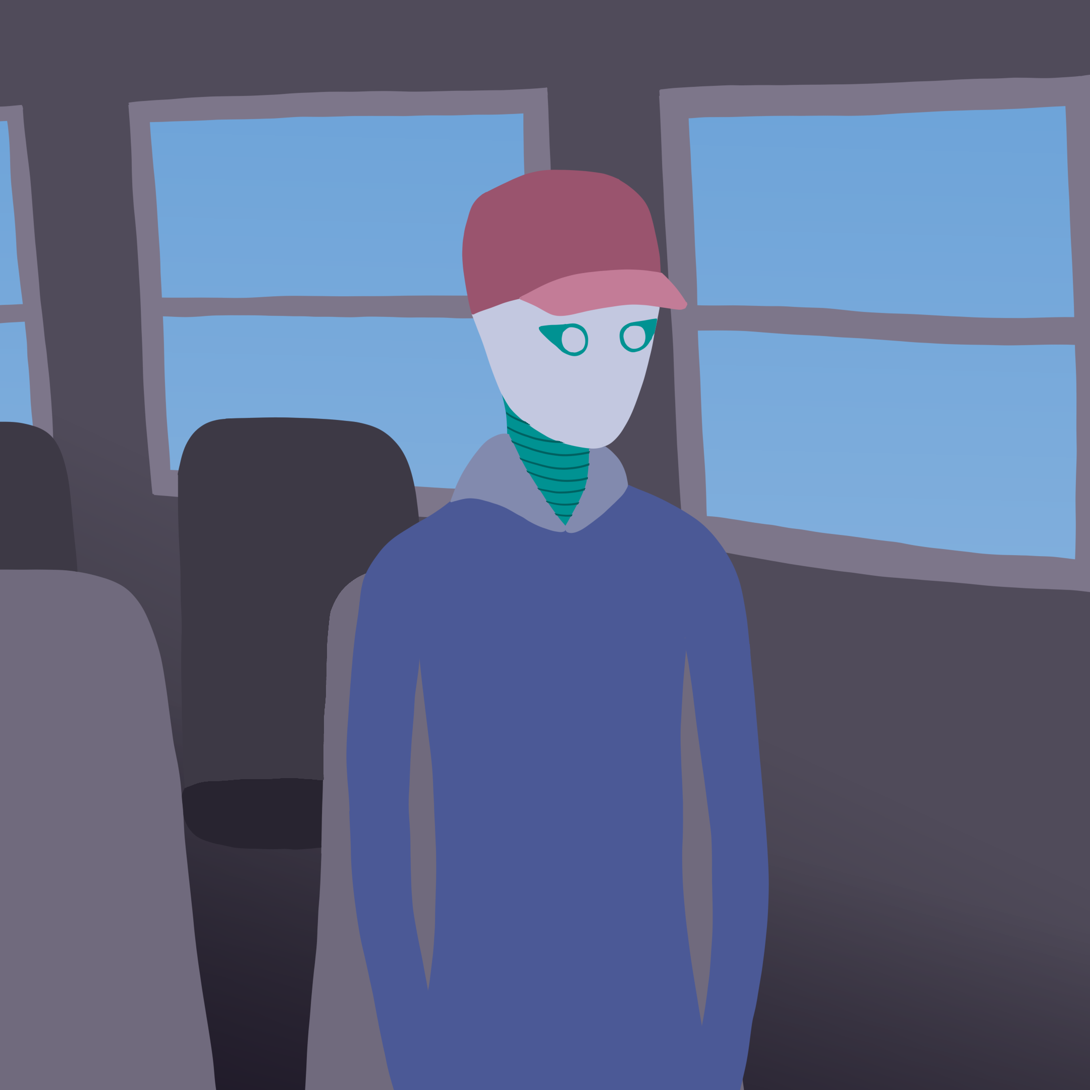 A robot named Rova sitting on the bus alone.
