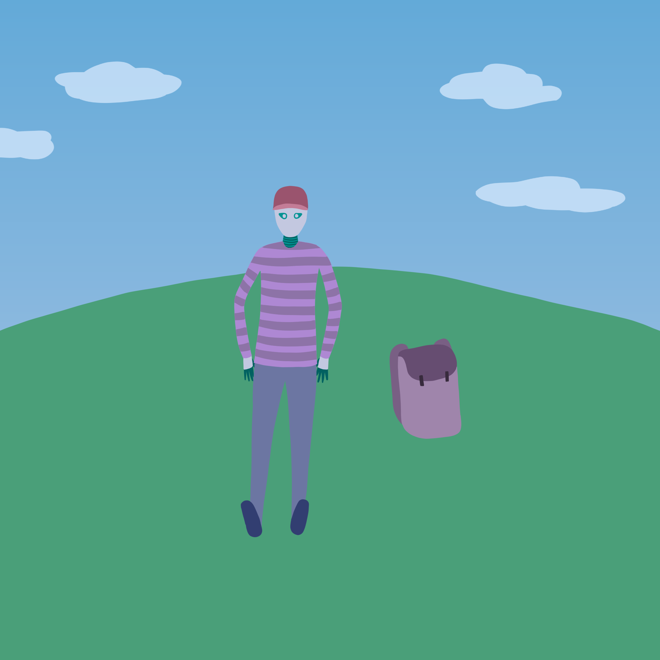 A robot named Rova sitting on a hill with their backpack nearby.