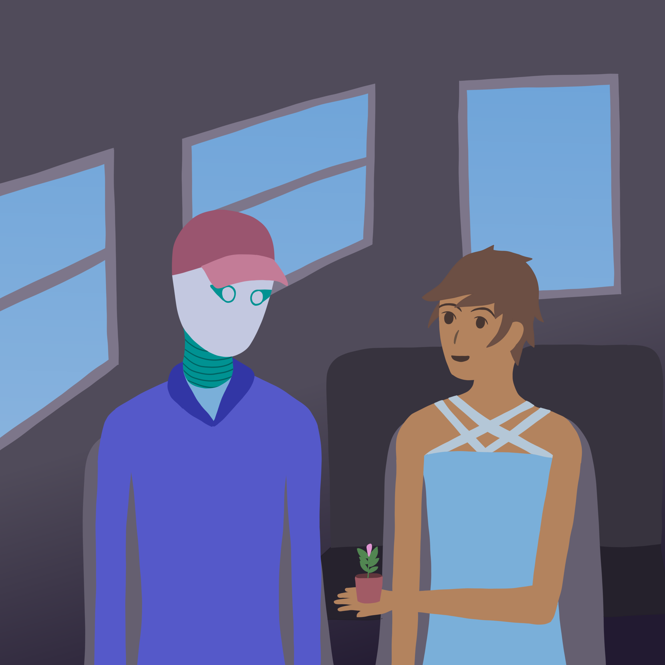 A robot named Rova and a human named Evi sitting on the bus together. Evi is giving Rova a small potted plant.