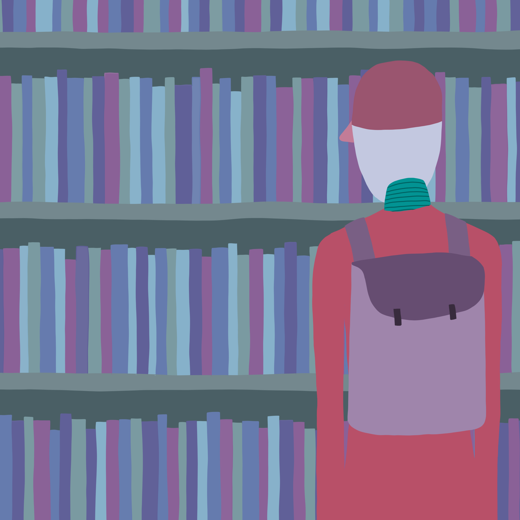 A robot named Rova standing in front of a shelf full of books.