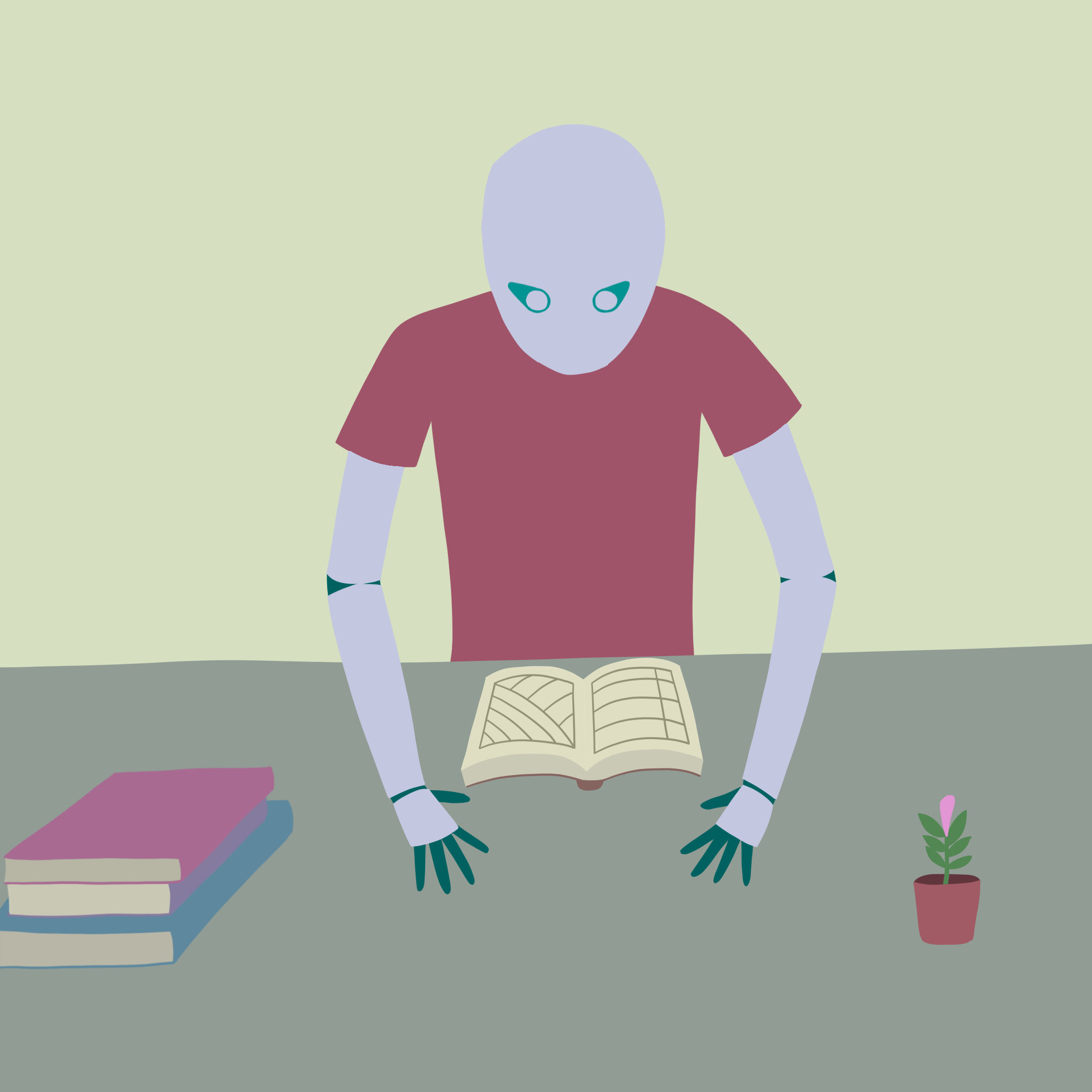 A robot named Rova sitting at a table while studying from a book. On the table there are some books and the potted plant Evi gave them.