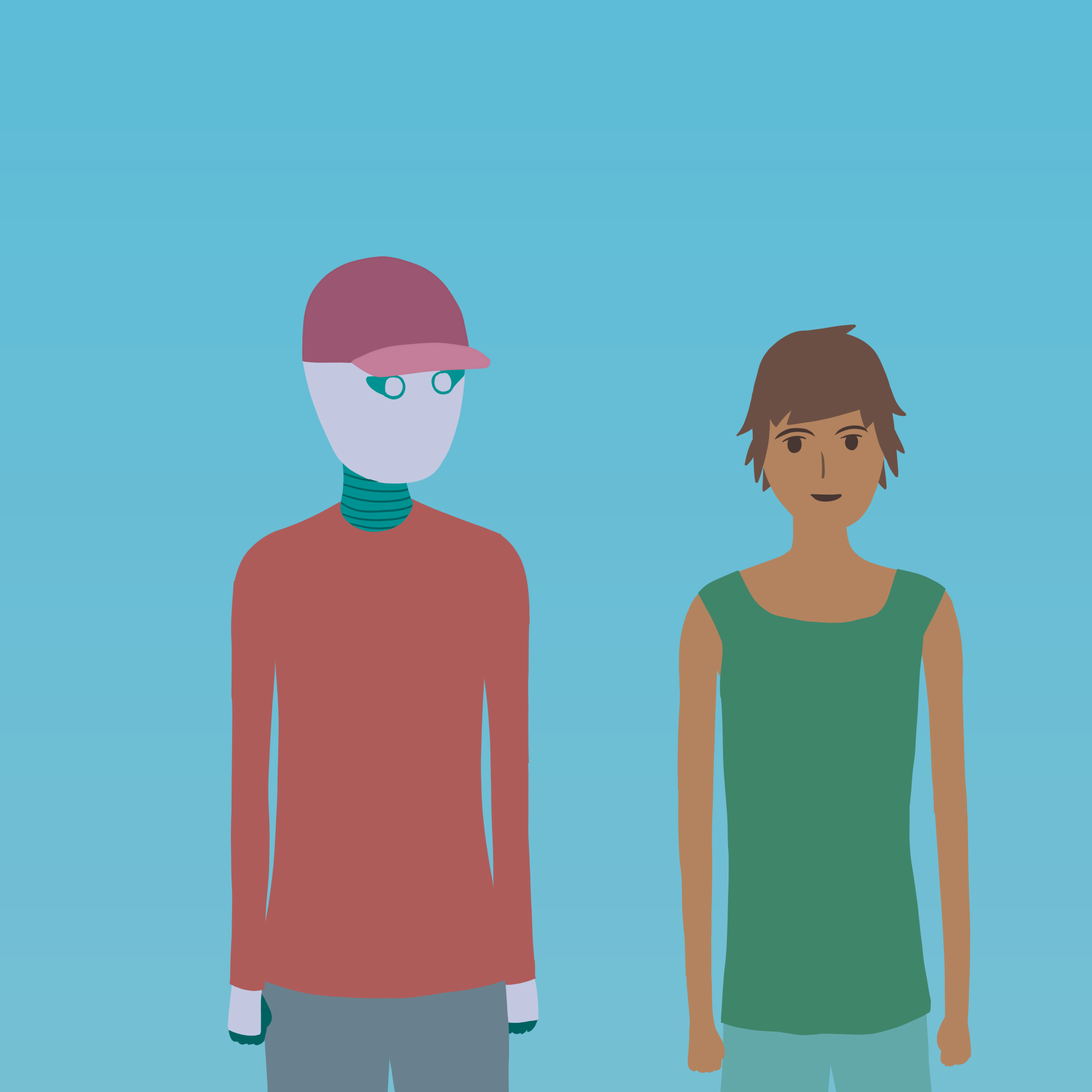 A robot named Rova and a human named Evi standing outside together.